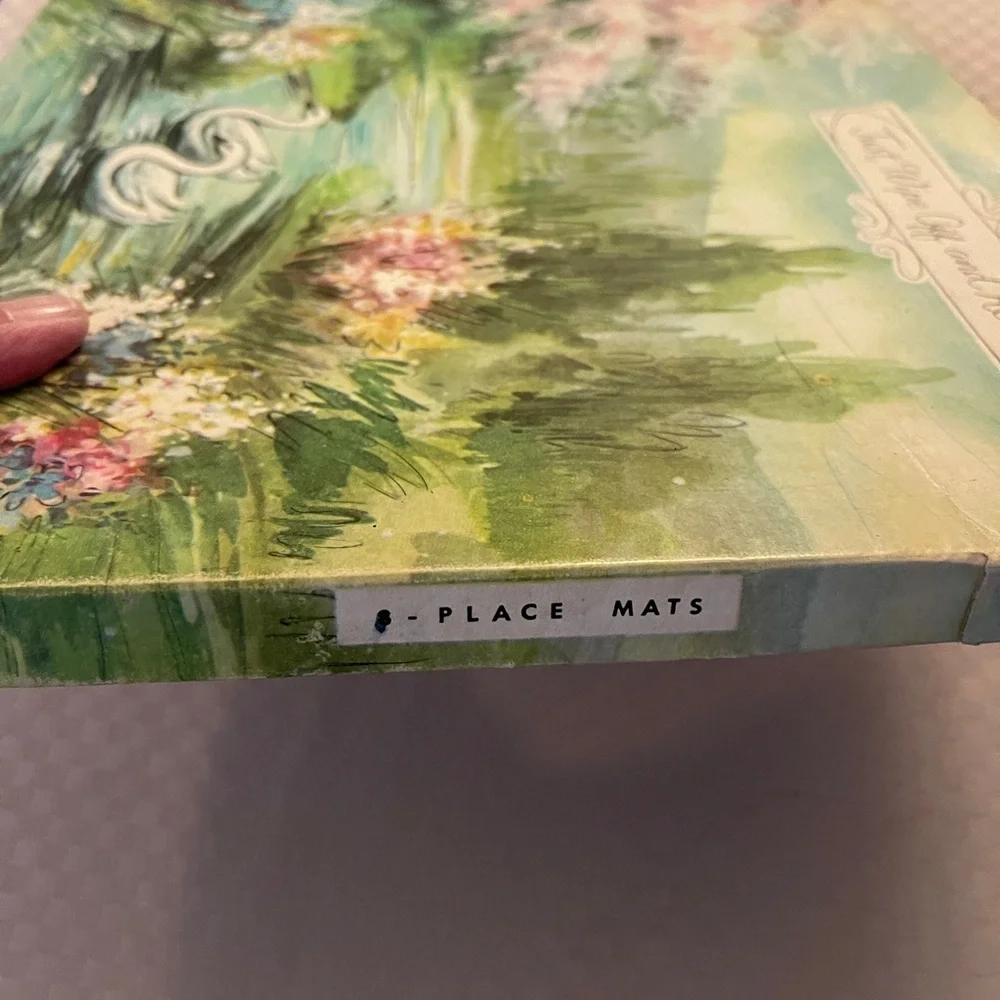 Vintage reusable country cottage/floral 15” x10” placemats by G. Galian in box.